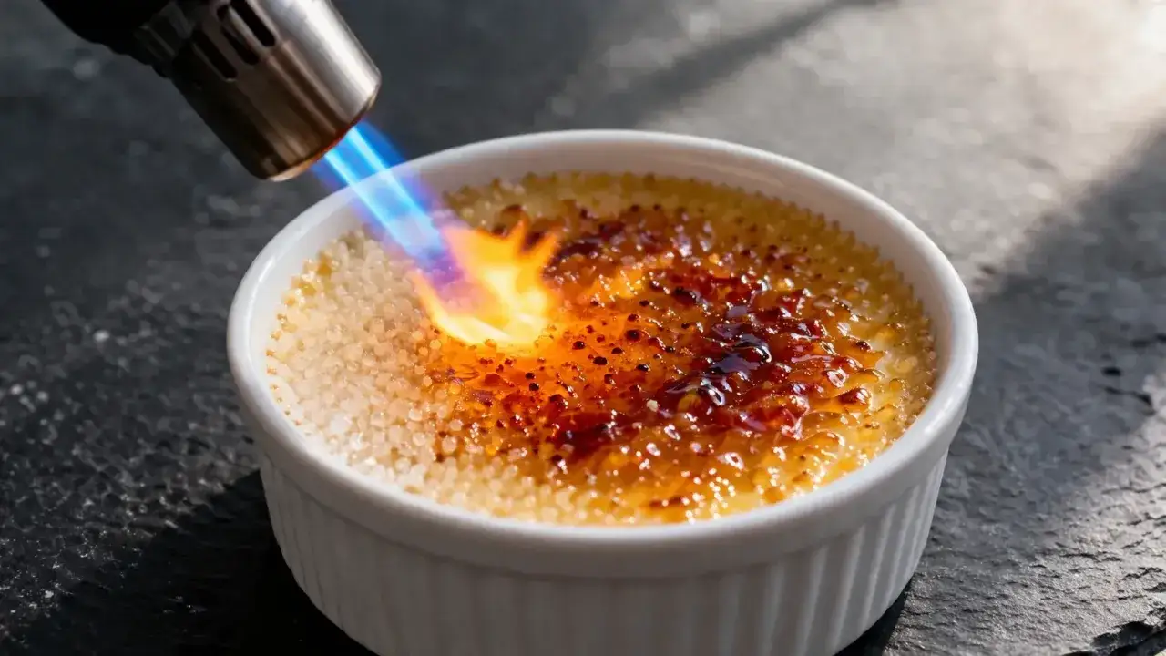 La flamme d'un chalumeau caramélise le sucre d'une crème brûlée, étape clé de la véritable recette crème brûlée.