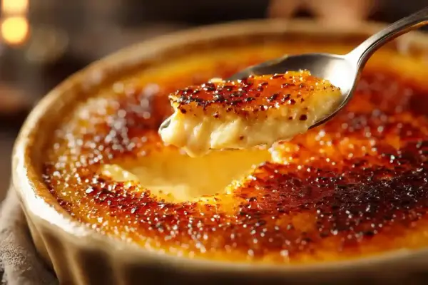 Une cuillère prélève une bouchée d'une véritable recette crème brûlée, révélant sa texture crémeuse sous une croûte caramélisée et craquante.